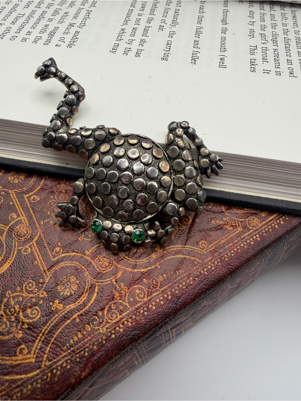 Vintage Frog Brooch with Green Gem Eyes